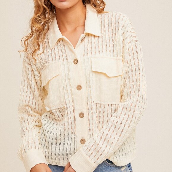 HEM & THREAD Cream Textured Sheer Button-Up Top, Lightweight Shacket  Blouse - Picture 1 of 6
